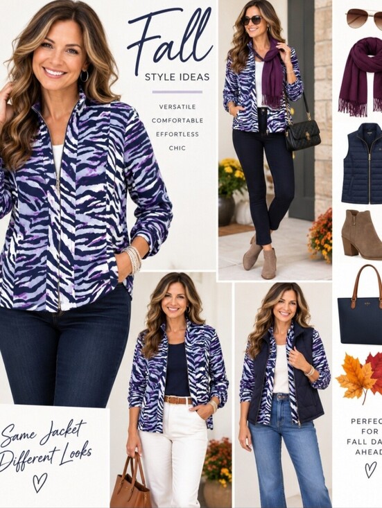 Susan Graver Jackets & Blazers - Susan Graver Women’s Zip Front Jacket Size Medium Zebra Print Purple Navy Lined